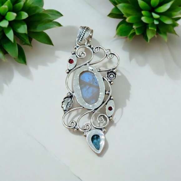 Milky Opal ✦ Blue Sapphire Garnet Pendant ✦ 925 Sterling Silver Intricate Swirl - Picture 8 of 13